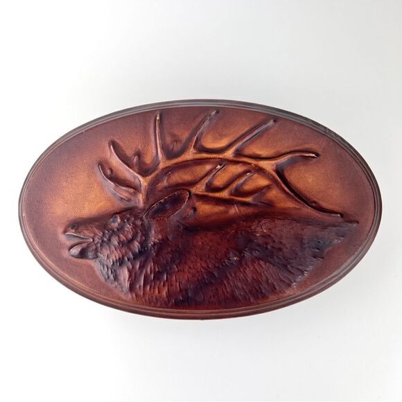 Vintage Oval Elk Moose Deer Leather Trinket Box Handcrafted - Picture 1 of 13